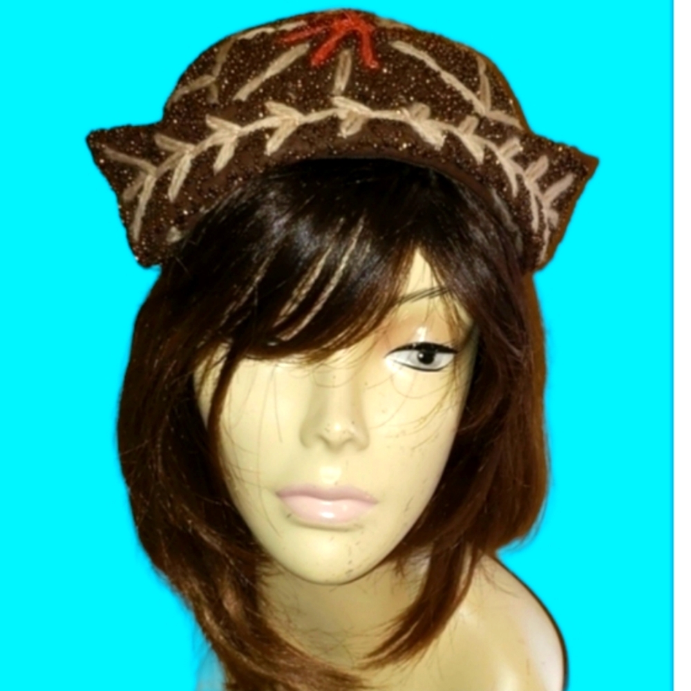 Wolf & Dessauer Duby Hats Brown Orange Beaded Stitch Vintage Hat‎